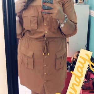 Off the shoulder tan dress